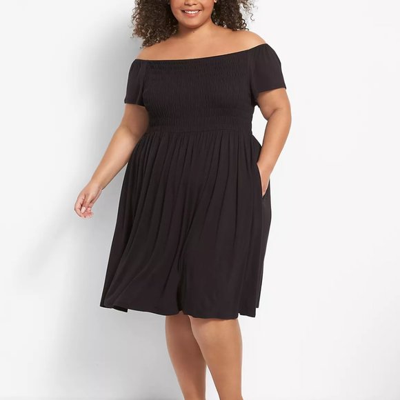 LANE BRYANT BLACK OFF THE SHOULDER SMOCKED SWING DRESS - Picture 1 of 3